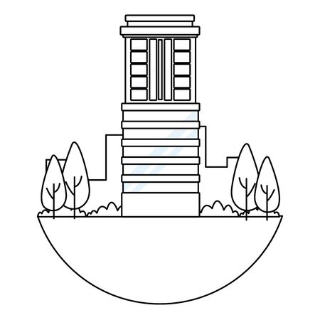 business edifice building skyscraper with windows real estate with trees and garden in black and white vector illustration graphic design.のイラスト素材