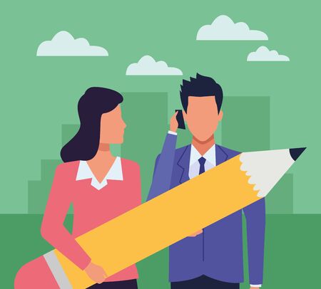 Two business partners working, executive entrepreneur teamwork inside office building scenery ,vector illustration graphic design.のイラスト素材