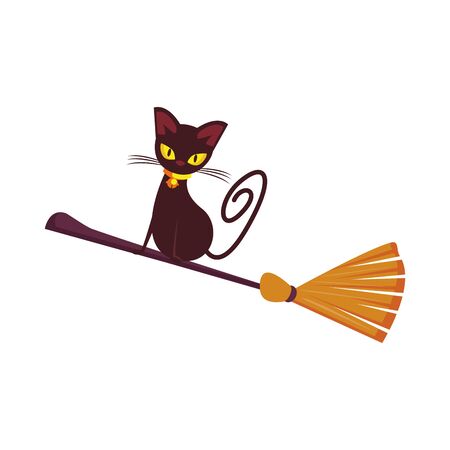 halloween october scary celebration, witch cat over broom isolated cartoon vector illustration graphic designのイラスト素材