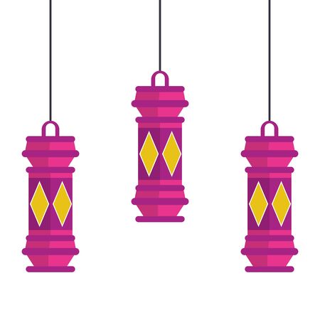 lanterns decoration festival golden and purple hanging lamps, arabic and oriental culture cartoon vector illustration graphic designのイラスト素材