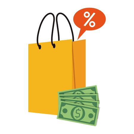 shopping retail sale store, shopping bag with discount label price and money cash cartoon vector illustration graphic designのイラスト素材