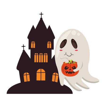 halloween october scary celebration ghost with pumpkin candys pot in front dark house isolated cartoon vector illustration graphic designのイラスト素材