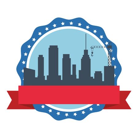 Cityscape building and construction crane silhouette stamp emblem with ribbon banner ,vector illustration graphic design.のイラスト素材