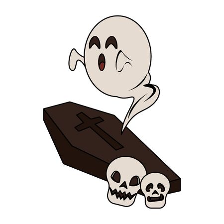 halloween october scary celebration, ghost with skulls and stone cartoon vector illustration graphic designのイラスト素材