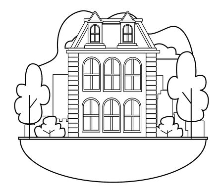 Classic and vintage big house building real estate with trees and garden in black and white vector illustration graphic design.のイラスト素材