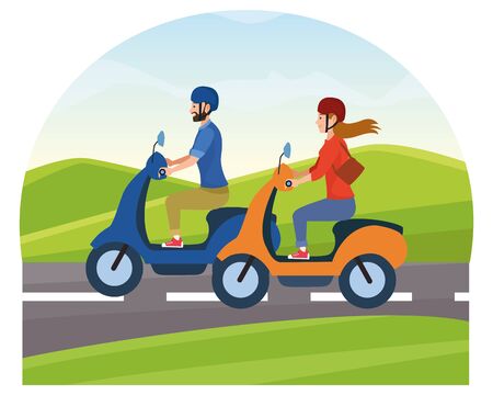People riding scooters motorcycles with helmet on highway with landscape scenery ,vector illustration graphic design.のイラスト素材