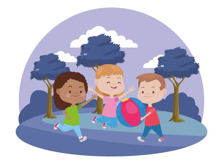Happy kids smiling and playing with friends and ball cartoon in the nature park scenery ,vector illustration graphic design.のイラスト素材
