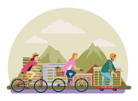 Young people riding on bicycles and skateboard with accesories in the city urban buildings scenery in the city urban scenery background ,vector illustration graphic design.のイラスト素材
