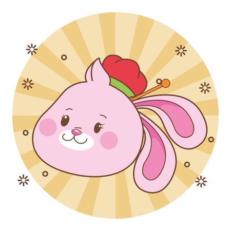 Mid autumn rabbit face with hat cartoon on round striped background with stars vector illustration graphic design.のイラスト素材