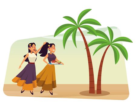 mexican food and tradicional culture with a mariachis woman singing with roses in her hair and woman holding a tray with chili, beans and guacamole over the sand with palms profile picture avatar cartoon character portrait vector illustration graphic designのイラスト素材