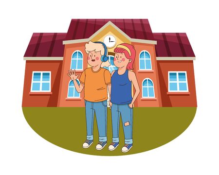Teenagers friends smiling and greeting with cool clothes and accesories outside house scenery ,vector illustration.のイラスト素材