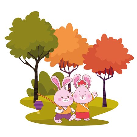 Rabbits in mid autumn festival with lanterns cartoons in the forest, landscape background vector illustration graphic design.のイラスト素材
