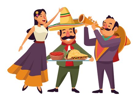 mexican food and tradicional culture with a mariachis woman singing with roses in her hair, man with mexican hat, moustache and trumpet and man with moustache and mexican hat holding a tray with mole sauce and taco avatar cartoon character portrait vector illustration graphic designのイラスト素材