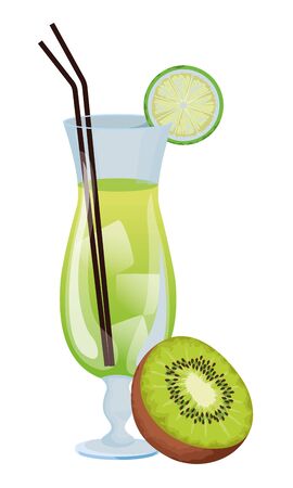 Tropical fruit cocktail with kiwi, lemon slide and straw icon cartoon vector illustration graphic designのイラスト素材