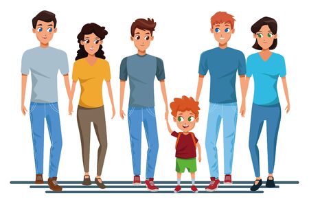 Family young fathers and mothers parents with childrens holding school backpacks cartoon isolated vector illustration graphic designのイラスト素材