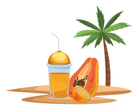 tropical fruit and smoothie drink with orange and papaya icon cartoon over sand with palm background vector illustration graphic designのイラスト素材