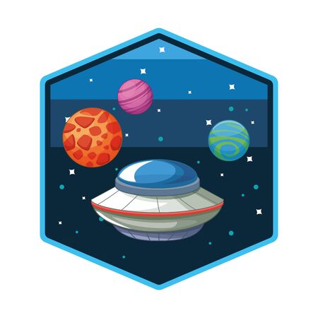 UFO flying in the milkyway space hexagonal frame vector illustration graphic designのイラスト素材