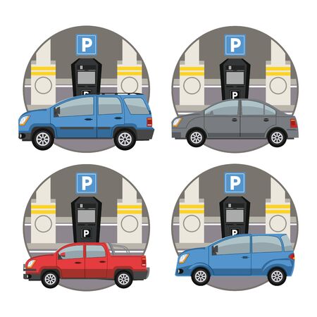 Cars parked in lot with parking meter at city set of emblems. vector illustration graphic designのイラスト素材