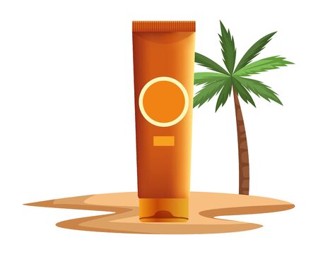 Sun bronzer bottle cosmetic product with dispenser on beach scenery background with palms ,vector illustration graphic design.のイラスト素材