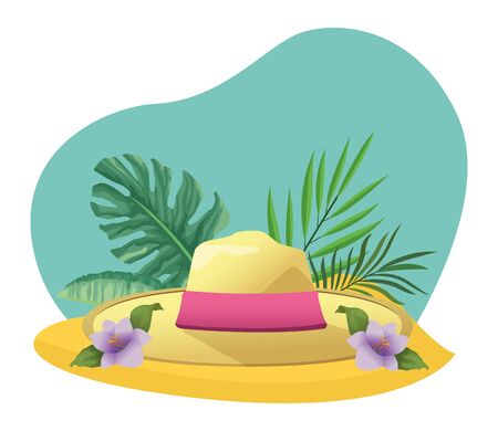 Summer hat with tropical foliage leaves and flowers in the beach scenery background ,vector illustration graphic design.のイラスト素材