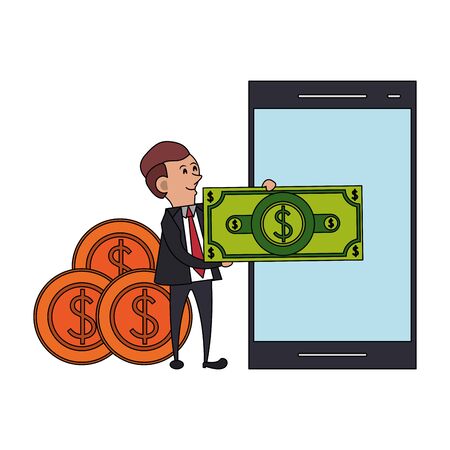 saving money finance banking, executive business man with cash and digital money cartoon vector illustration graphic designのイラスト素材
