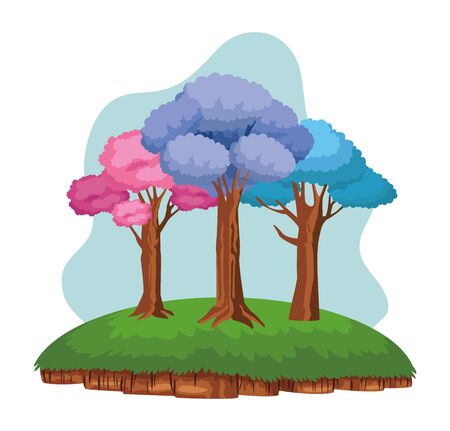 colorful trees over a piece of ground leafy with purple, pink and blue leaves icon cartoonのイラスト素材