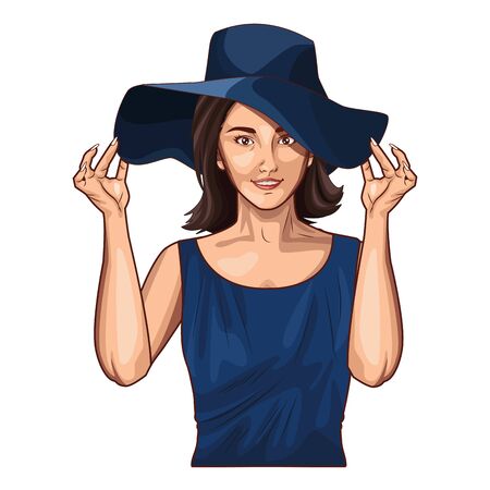 Pop art beautiful woman with summer hat profile cartoon ,vector illustration graphic design.のイラスト素材