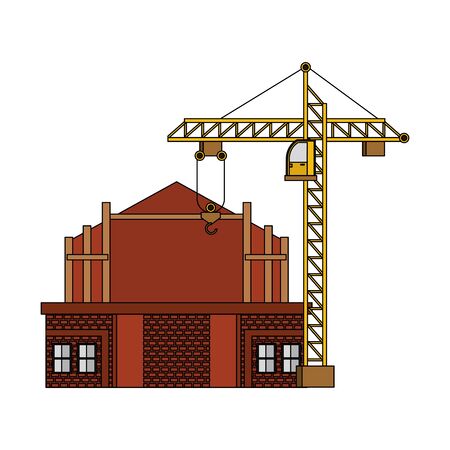 construction architectural engineering work, heavy crane with house under construction cartoon vector illustration graphic designのイラスト素材