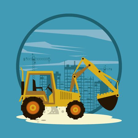 Excavator in construction zone with machinery scenery, under construction and buildings. vector illustration graphic designのイラスト素材