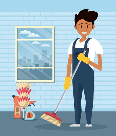 Cleaner smiling and working with cleaning product in home scenery vector illustrationのイラスト素材