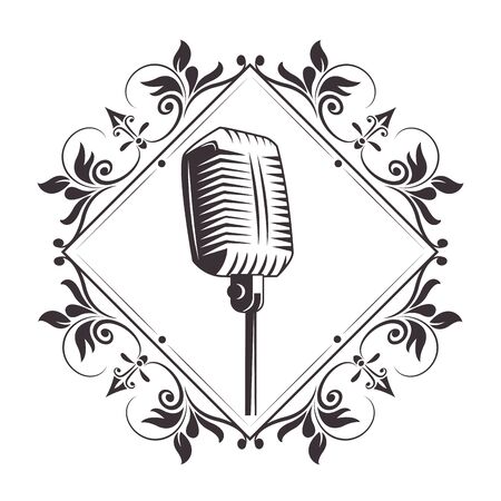 antique microphone into diamond with flower arrangement drawn in black and white tattoo icon vector illustration graphic designのイラスト素材
