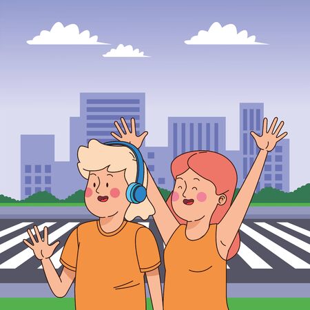 Teenagers friends smiling and greeting with cool clothes and accesories in the city scenery, urban scenery ,vector illustration.のイラスト素材