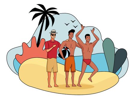 Young men enjoying summer in swimsuit and beach ball cartoons on beach scenery vector illustration graphic designのイラスト素材