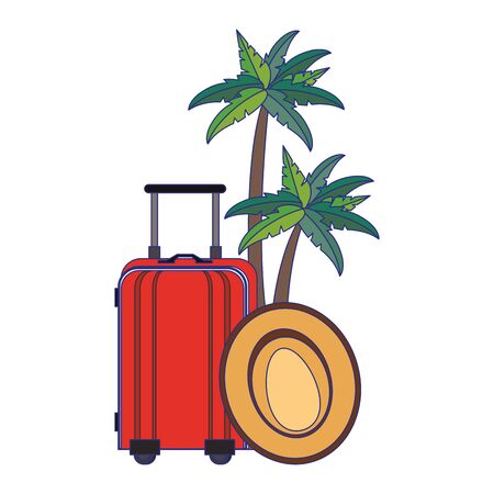Summer and beach vacations luggage and hat with tree palms cartoons vector illustration graphic designのイラスト素材