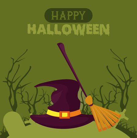Happy halloween season card poster with funny cartoons cemetery background ,vector illustration graphic design.のイラスト素材