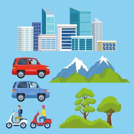 City and urban transportation set of items cartoons vector illustration graphic design.のイラスト素材