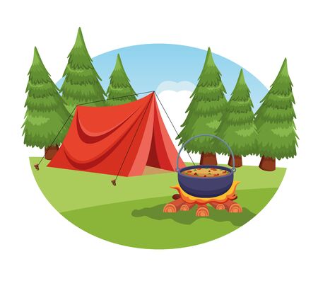 camping elements like camping tent, and cooking pot in a rural landscapeのイラスト素材