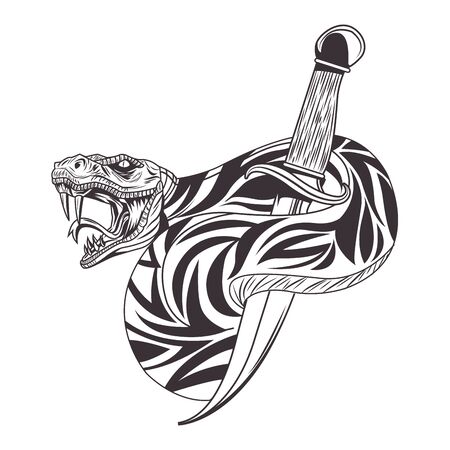 knife with snake drawn in black and white tattoo icon vector illustration graphic designのイラスト素材