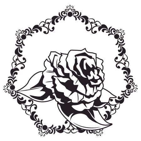 roses with leaves drawn in black and white tattoo icon flower hexagonal arrangement vector illustration graphic designのイラスト素材
