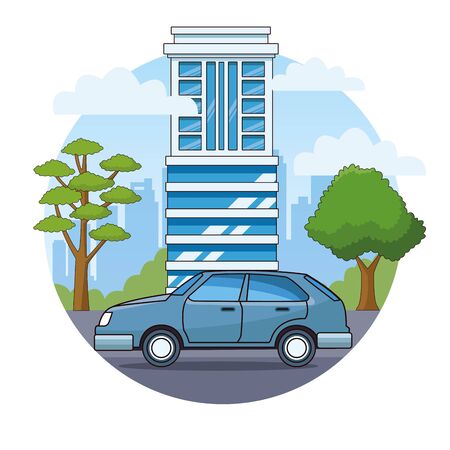 Classic coupe car vehicle sideview riding in the city, urban background vector illustration graphic designのイラスト素材