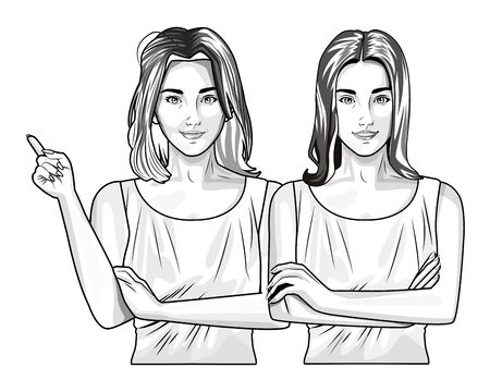 Pop art beautiful two women models smiling cartoon ,vector illustration graphic design.のイラスト素材