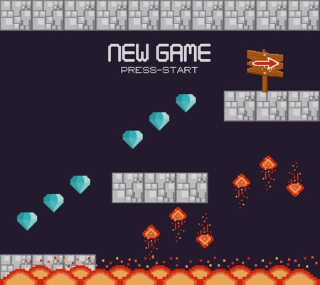 Retro videogame new game press start screenplay with scenery, videogame items and levels, gamers concept. vector illustration.のイラスト素材