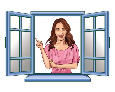 Pop art beautiful woman smiling with casual clothes cartoon looking from the window ,vector illustration graphic design.のイラスト素材