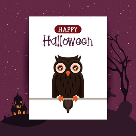 Happy halloween season card with owl cartoons on haunted house background ,vector illustration graphic design.のイラスト素材