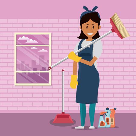 Cleaner smiling and working with cleaning product in home scenery vector illustrationのイラスト素材