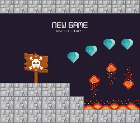 Retro videogame new game press start screenplay with scenery, videogame items and levels, gamers concept. vector illustration.のイラスト素材