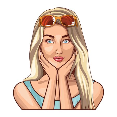 Pop art beautiful blonde woman face with sunglasses cartoon ,vector illustration graphic design.のイラスト素材