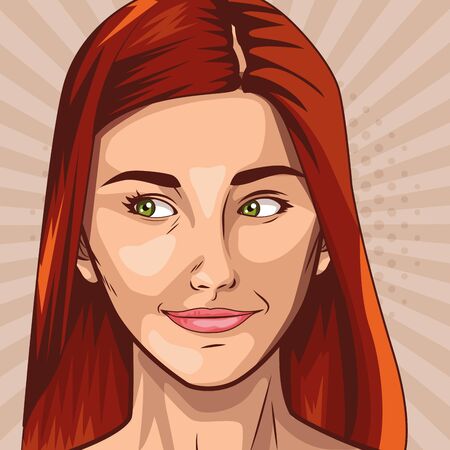 Pop art red hair woman face on colorful background ,vector illustration.のイラスト素材