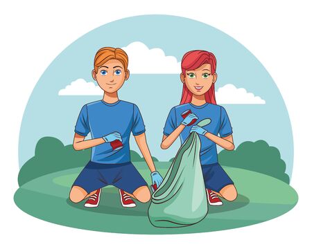 cleaning service person man picking a can and afroamerican woman with bandana and a stick profile picture avatar cartoon characterのイラスト素材