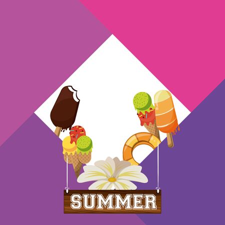 Summer and beach cartoons in rhombus frame over colorful background vector illustration graphic designのイラスト素材